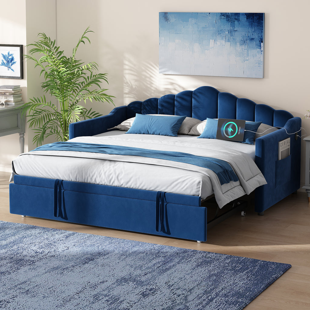 Upholstered Twin Size Daybed Bed with Charging Station & 2 Side Pockets,Velvet Daybed Frame with Adjustable Height Pop Up Trundle for Guest Room, Home Office,Blue