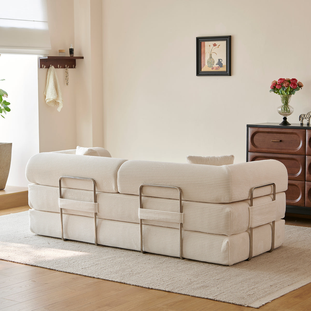 Compressed Convertible Floor Sofa Bed, Boneless Modular Sectional Futon Couch with Pillow Back & Armrest, Corduroy Fabric Loveseat for Living Room Bedroom, White
