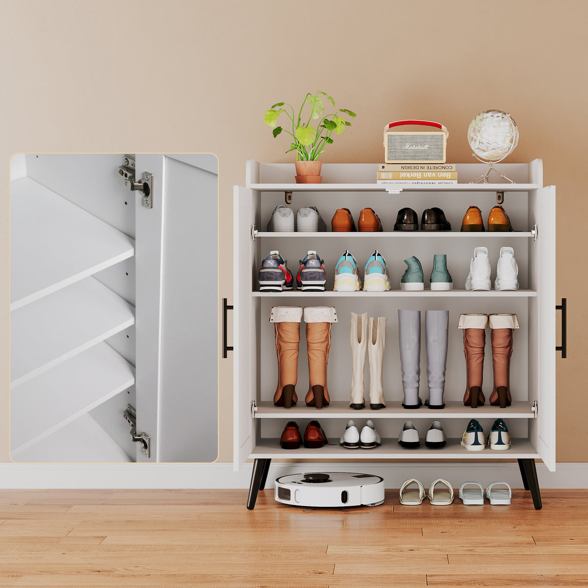 4 Tiers Shoe Storage Cabinet with doors, Adjustable Shelves, 16 Pairs Wood Shoe Rack Organizer for Hallway, Arc Anti-Collision Corner, White