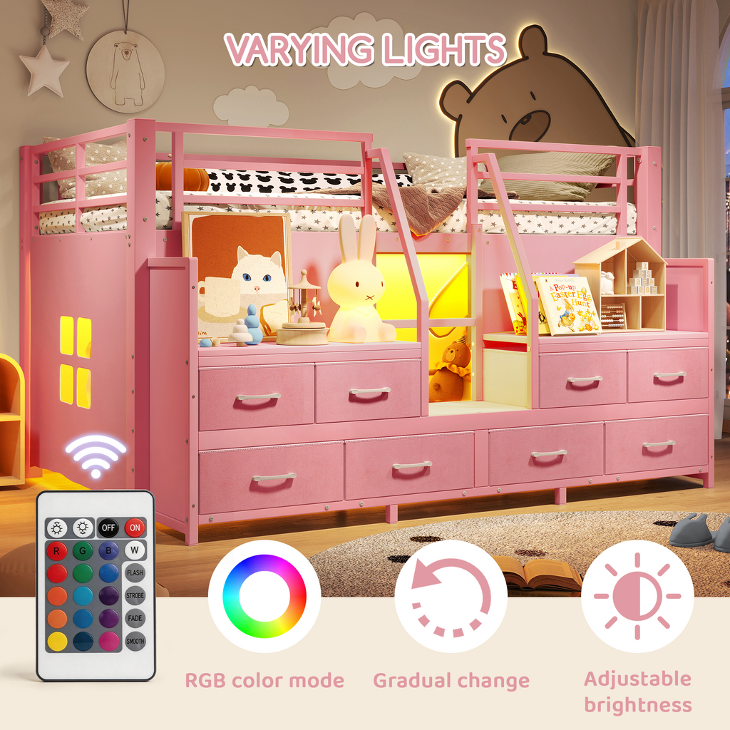 NYBOPAVIS Twin Metal Loft Bed Frame with 8 Drawers & LED Light, Independent Spaces under Bed with Stairs, Pink