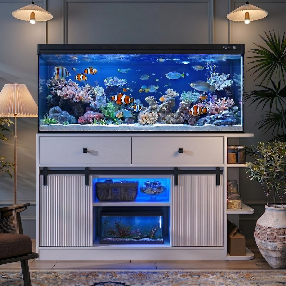 75 Gallon Aquarium Stand with LED Lights & Power Outlets, Fluted Sliding Doors, Storage Cabinets & Shelves for Aquarium Accessories