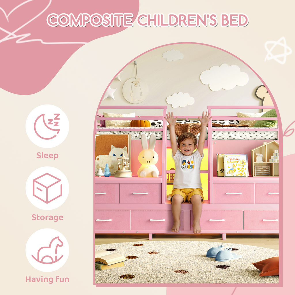 NYBOPAVIS Twin Metal Loft Bed Frame with 8 Drawers & LED Light, Independent Spaces under Bed with Stairs, Pink