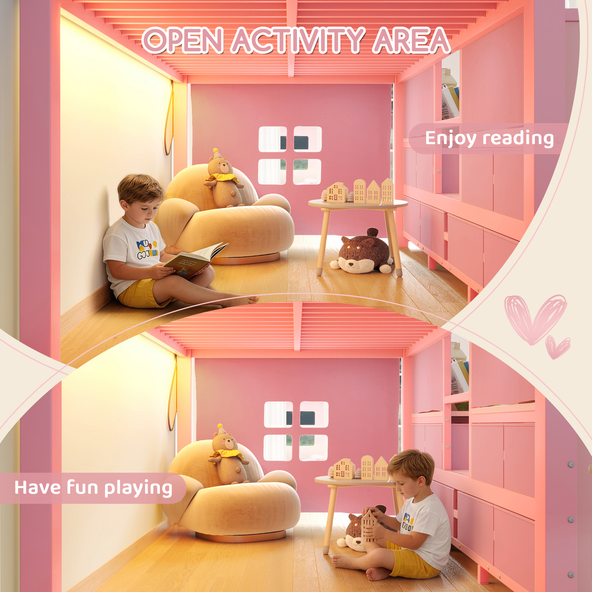 NYBOPAVIS Twin Metal Loft Bed Frame with 8 Drawers & LED Light, Independent Spaces under Bed with Stairs, Pink