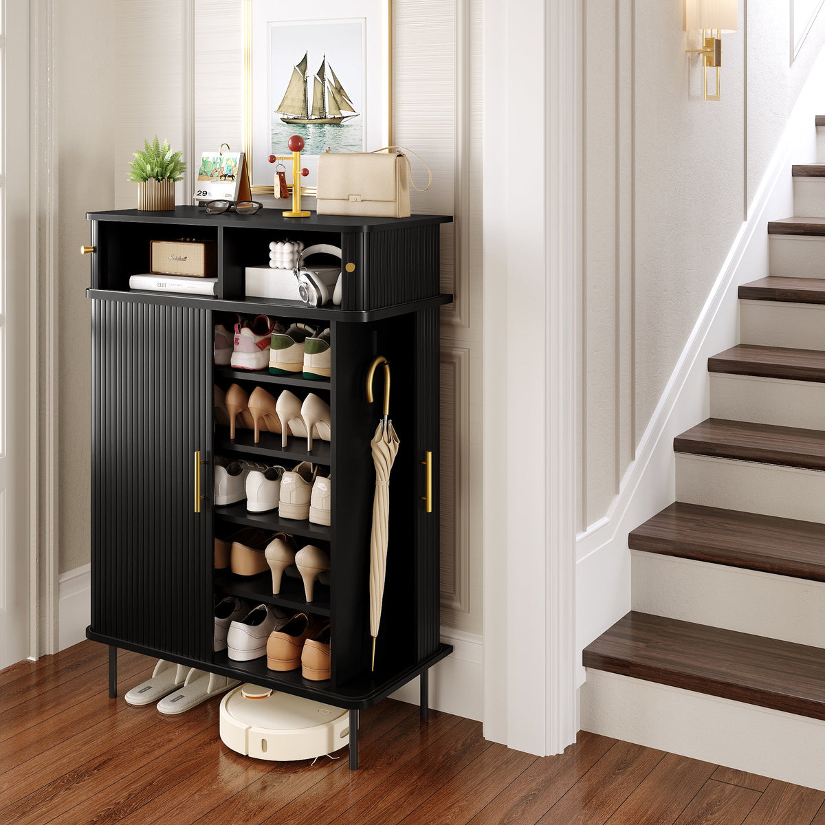 NYBOPAVIS 7-Tier Shoe Cabinet with Sliding Door, Storage Organizer with Adjustable Shelves, Freestanding Shoe Rack for Entryway, Black