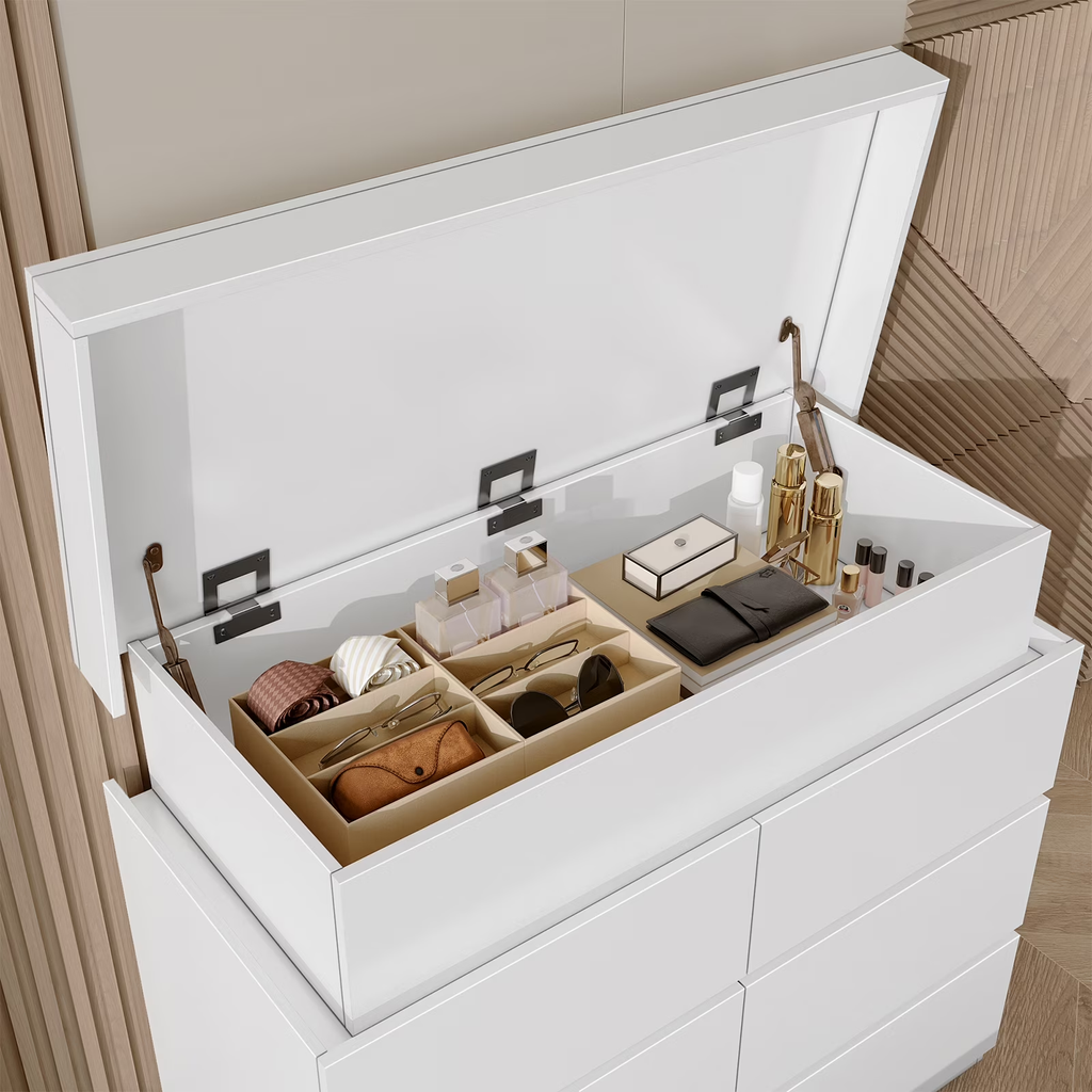 NYBOPAVIS 6 Drawer Dresser with Led Lights, 39" Wide White Wooden Dresser for Bedroom, Modern Chest of Drawers with Power Outlet & Flip Top Storage for Closet, Living Room, Entryway, Hallway