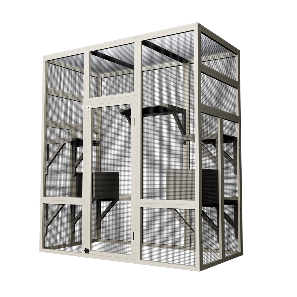 Outdoor Wooden Cat House Large Catio, Solid Wood Cat Cage Shelter Enclosure Playpen with Anti-UV& Waterproof, 5 Platforms and 2 Resting Boxes, Gray