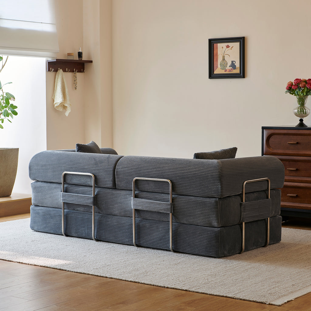 Compressed Convertible Floor Sofa Bed, Boneless Modular Sectional Futon Couch with Pillow Back & Armrest, Corduroy Fabric Loveseat for Living Room Bedroom, Grey
