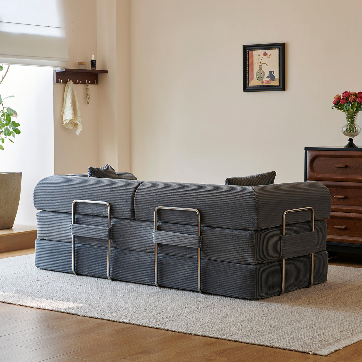 Compressed Convertible Floor Sofa Bed, Boneless Modular Sectional Futon Couch with Pillow Back & Armrest, Corduroy Fabric Loveseat for Living Room Bedroom, Grey