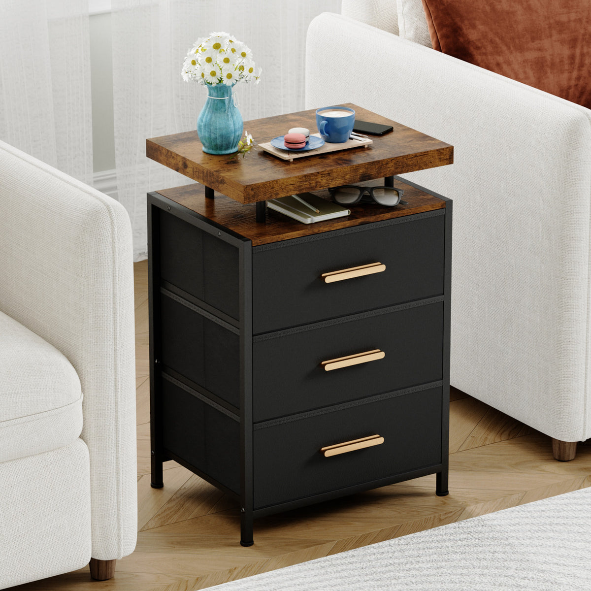 Smart LED Nightstand with 3 Drawers Modern Design Table for Bedroom, Closet, Dorm, Black