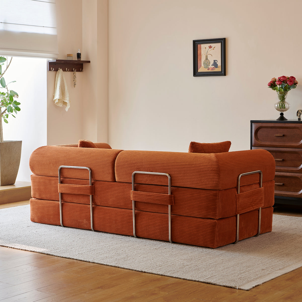 Compressed Convertible Floor Sofa Bed, Boneless Modular Sectional Futon Couch with Pillow Back & Armrest, Corduroy Fabric Loveseat for Living Room Bedroom, Tangerine