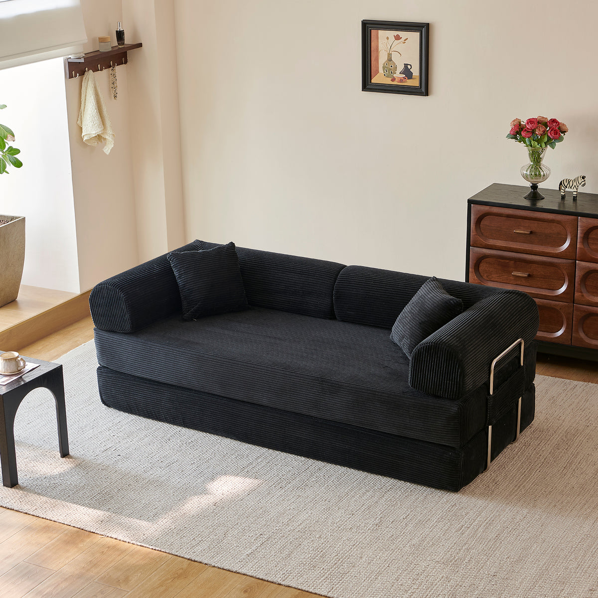 Compressed Convertible Floor Sofa Bed, Boneless Modular Sectional Futon Couch with Pillow Back & Armrest, Corduroy Fabric Loveseat for Living Room Bedroom, Black