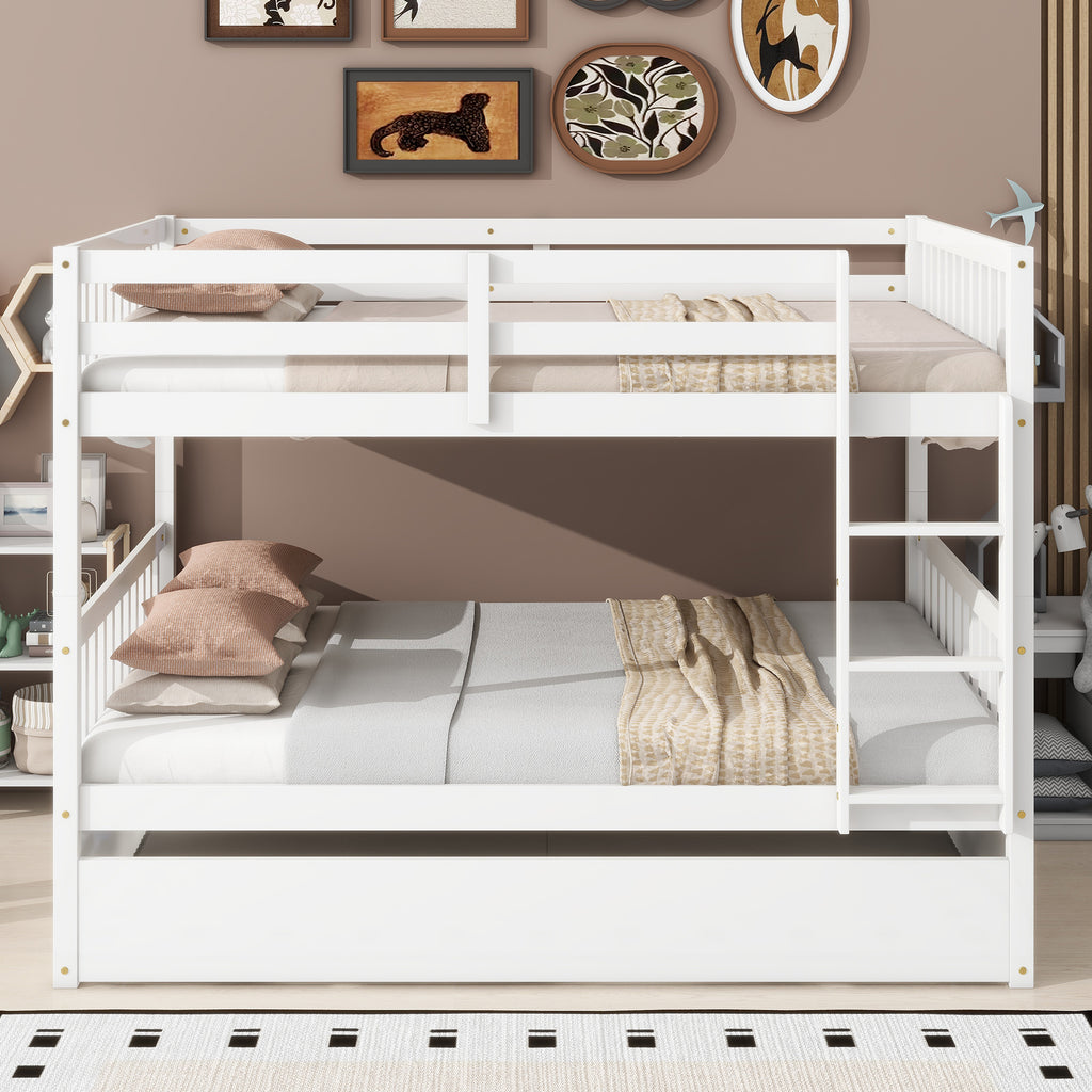 Full Bunk Bed with Pull-Out Trundle, Convertible Bunk Bed to 2 Single Beds, Solid Wood Bed Frame with Ladder & Guardrail, White