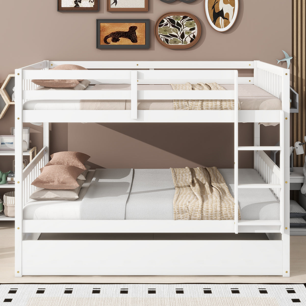 Full Bunk Bed with Pull-Out Trundle, Convertible Bunk Bed to 2 Single Beds, Solid Wood Bed Frame with Ladder & Guardrail, White