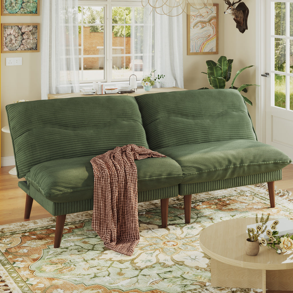 NYBOPAVIS 75" Futon, Twin Size Convertible Sleeper Sofa Bed, Corduroy Loveseat Sofa Couch for Apartment Small Space Green