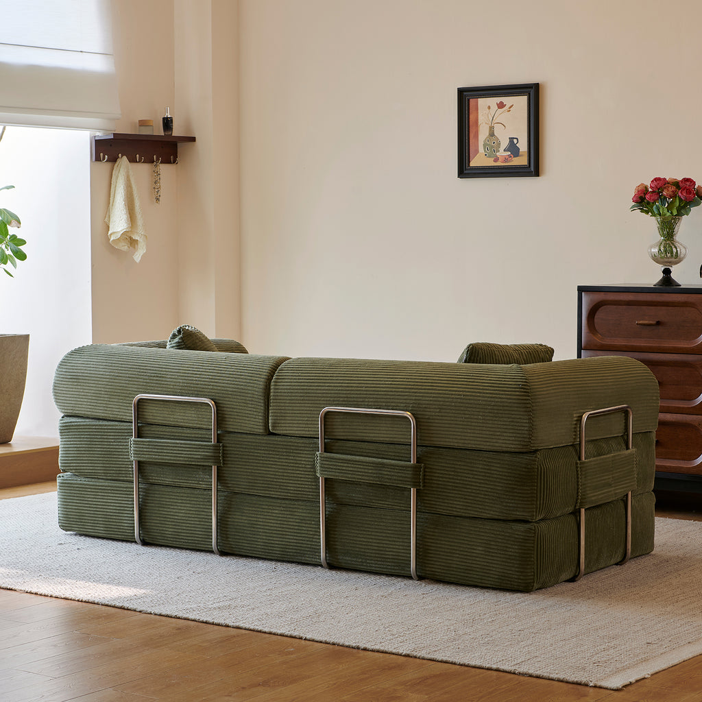 Compressed Convertible Floor Sofa Bed, Boneless Modular Sectional Futon Couch with Pillow Back & Armrest, Corduroy Fabric Loveseat for Living Room Bedroom, Green