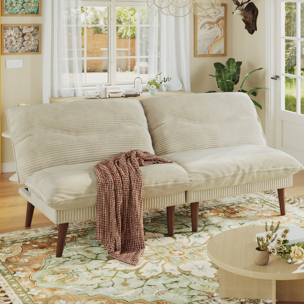 NYBOPAVIS 75" Futon, Twin Size Convertible Sleeper Sofa Bed, Corduroy Loveseat Sofa Couch for Apartment Small Space Beige