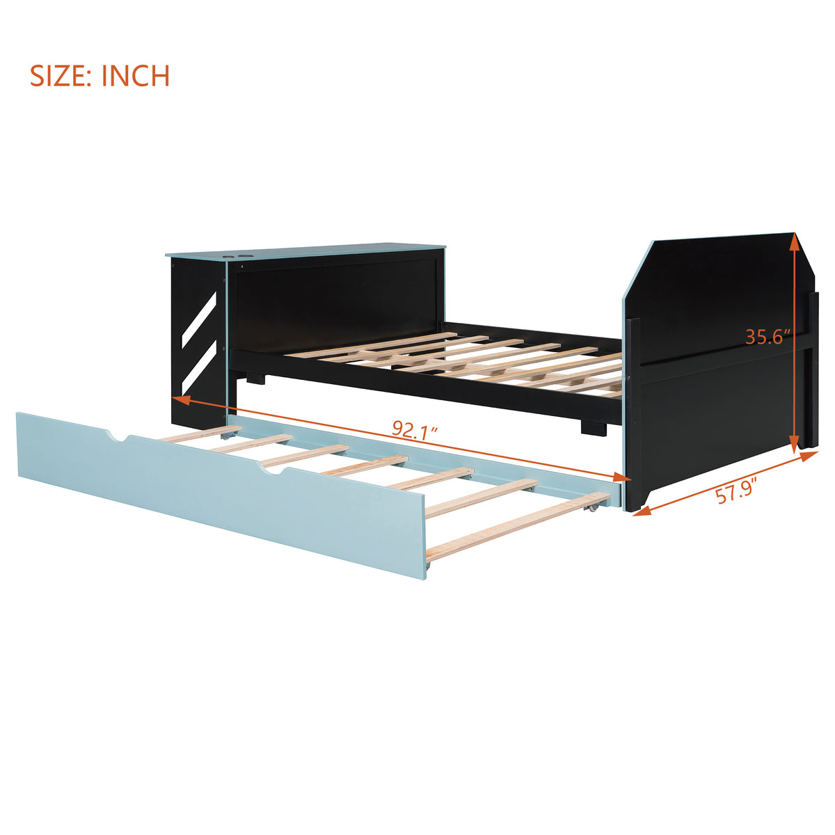 Full Size Wood Daybed with Desk & USB,Full Daybed with Twin Size Trundle for Bedroom, Cloud Blue