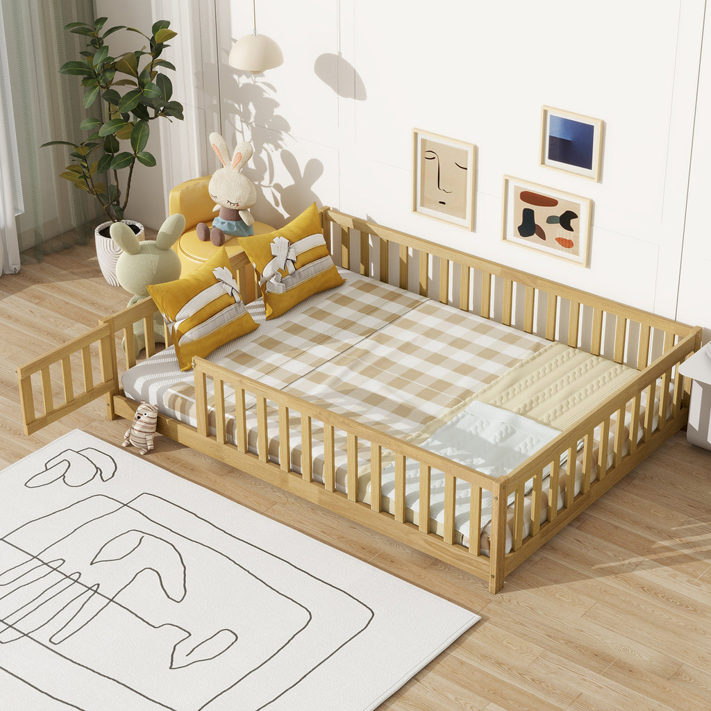 NYBOPAVIS Full Size Floor Bed with Fence&Door,Rubber Wood Floor Bed with Safety Guardrails, Montessori Bed Boys, Girls,Natural