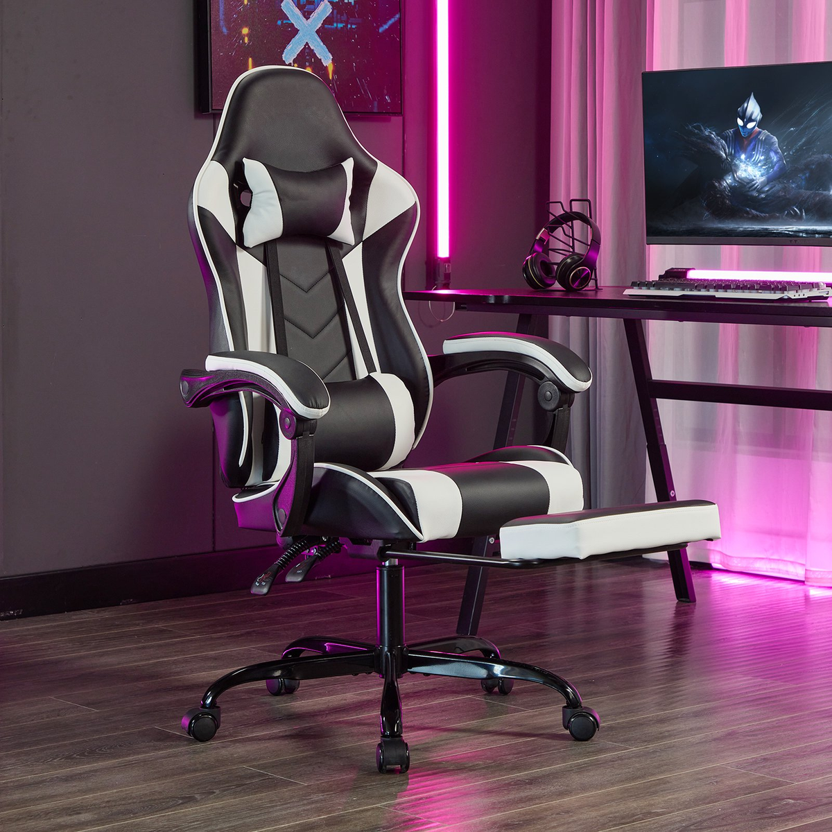 Gaming Chair with Footrest & Headrest, Leather Ergonomic Office Computer Chair with Footrest and Lumbar Support, Black White