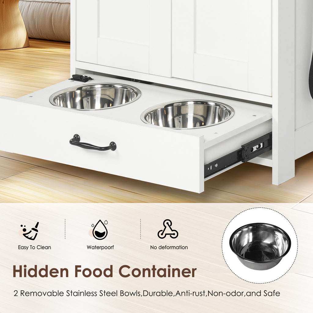 White Pet Feeding Station with Storage Cabinet, 2 Feeding Bowls and Adjustable Baffle Panel for Dog Cat