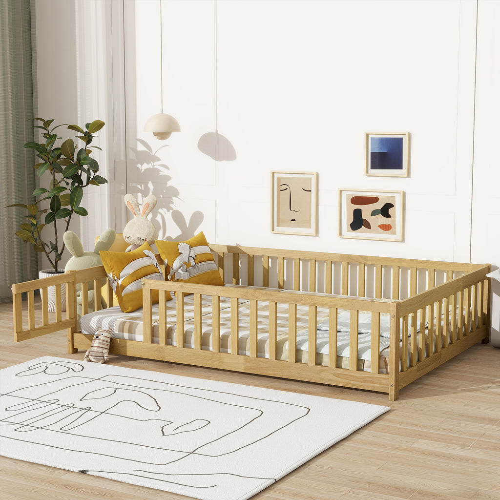 NYBOPAVIS Full Size Floor Bed with Fence&Door,Rubber Wood Floor Bed with Safety Guardrails, Montessori Bed Boys, Girls,Natural