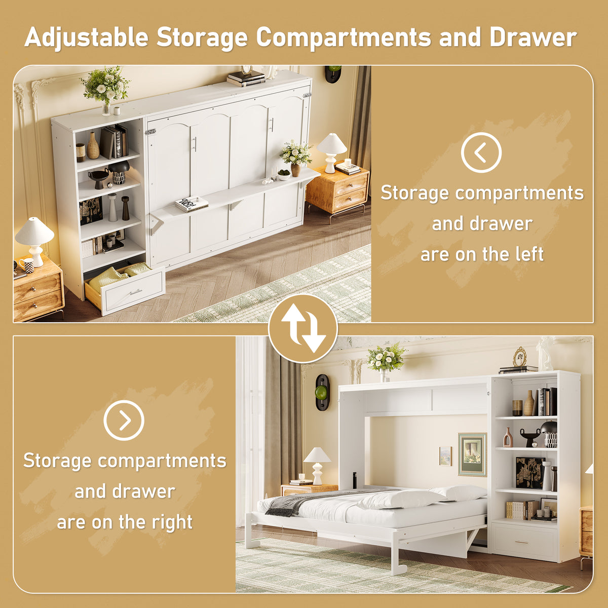 Queen Size Murphy Bed with Height Adjustable Storage Shelf & 1 Drawer, Wall Bed Multifunctional Foldable Platform Bed for Bedroom,Guest Room, White