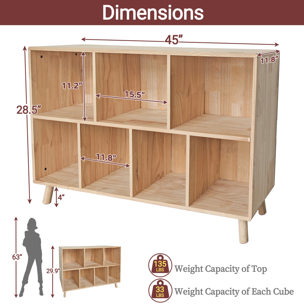 Bookshelf with 7 Cube,Pine Modern Wooden Bookcase with Storage Organizer for Home, Office, Natural