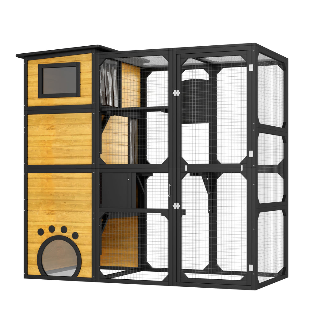 77'' Large Catio Outdoor Cat Enclosure, 4-tier Cat House Outdoor with Asphalt Roof, Wooden, Pine