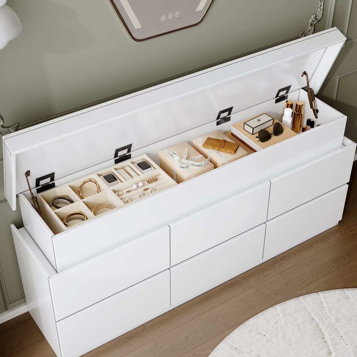 NYBOPAVIS 6 Drawer Dresser for Bedroom, Chest of Drawers with LED Light, TV Stand with Drawers White
