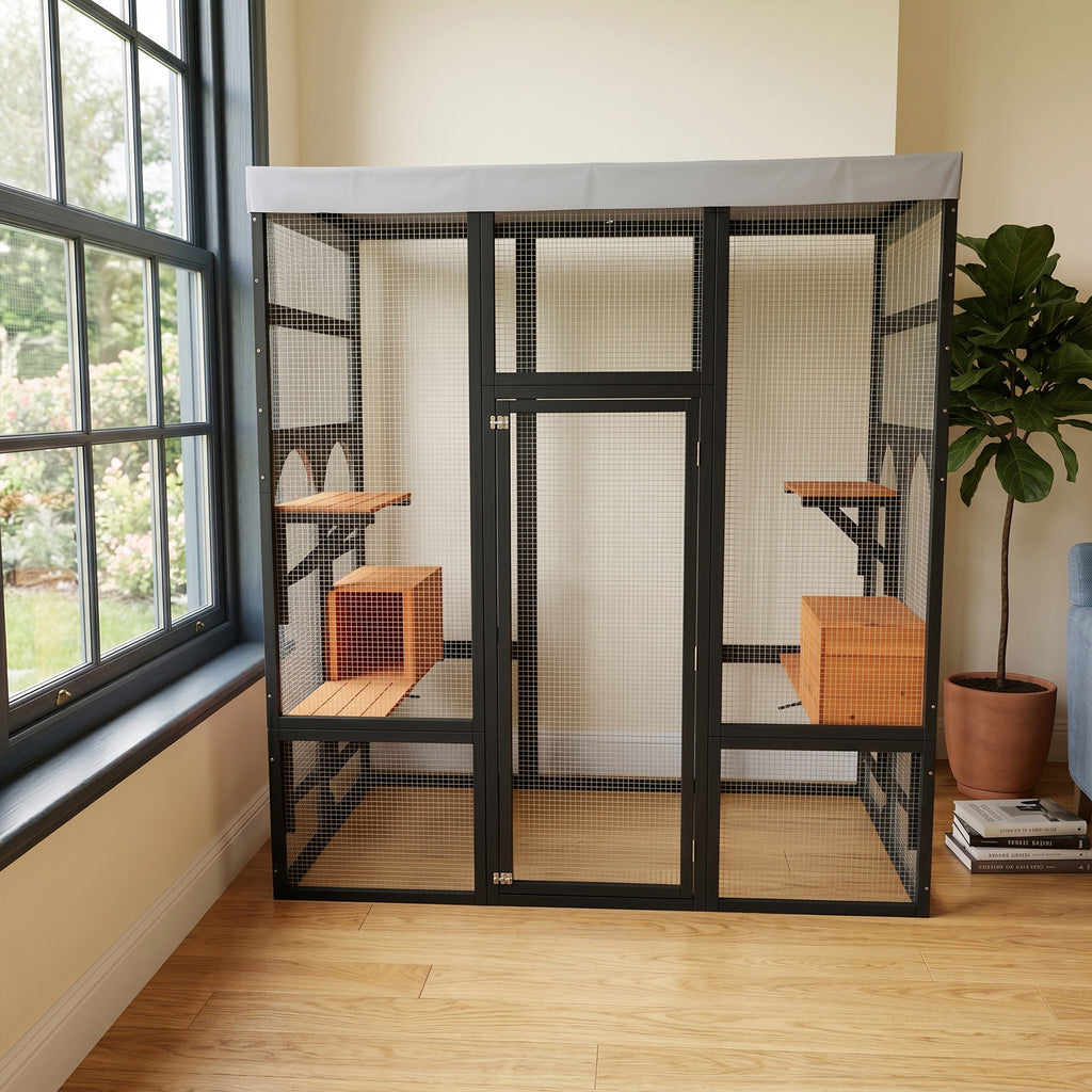 Wooden Catio Outdoor Cat Enclosure Large Cat House for Mulitiple Cats Walk, Indoor 5 Platforms & 2 Napping Houses, Outdoor Cat Catio with Waterproof Cover,Ramp