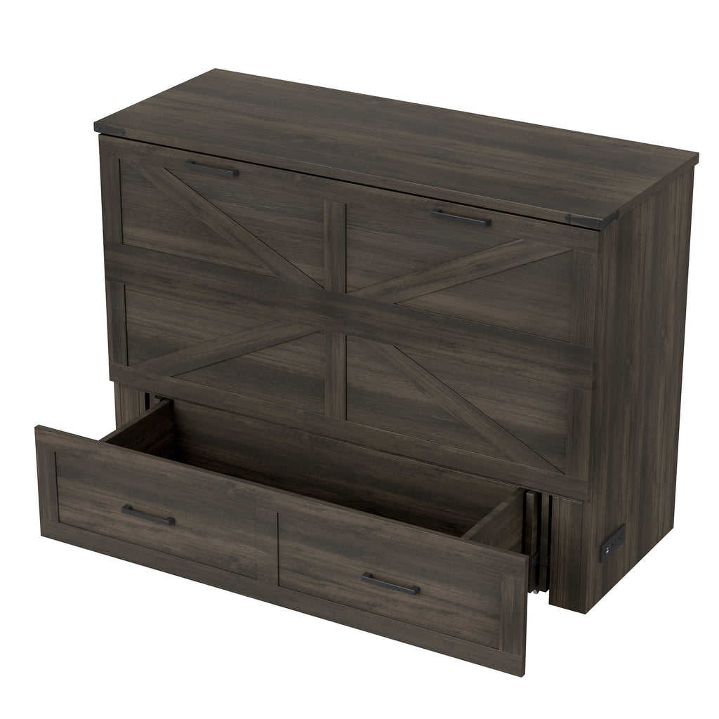Full Size Farmhouse Murphy Cabinet Bed with Charging Station, Foldable Platform Bed with Large Storage Drawer for Guest-Room, Small Bedroom, Rustic Gray