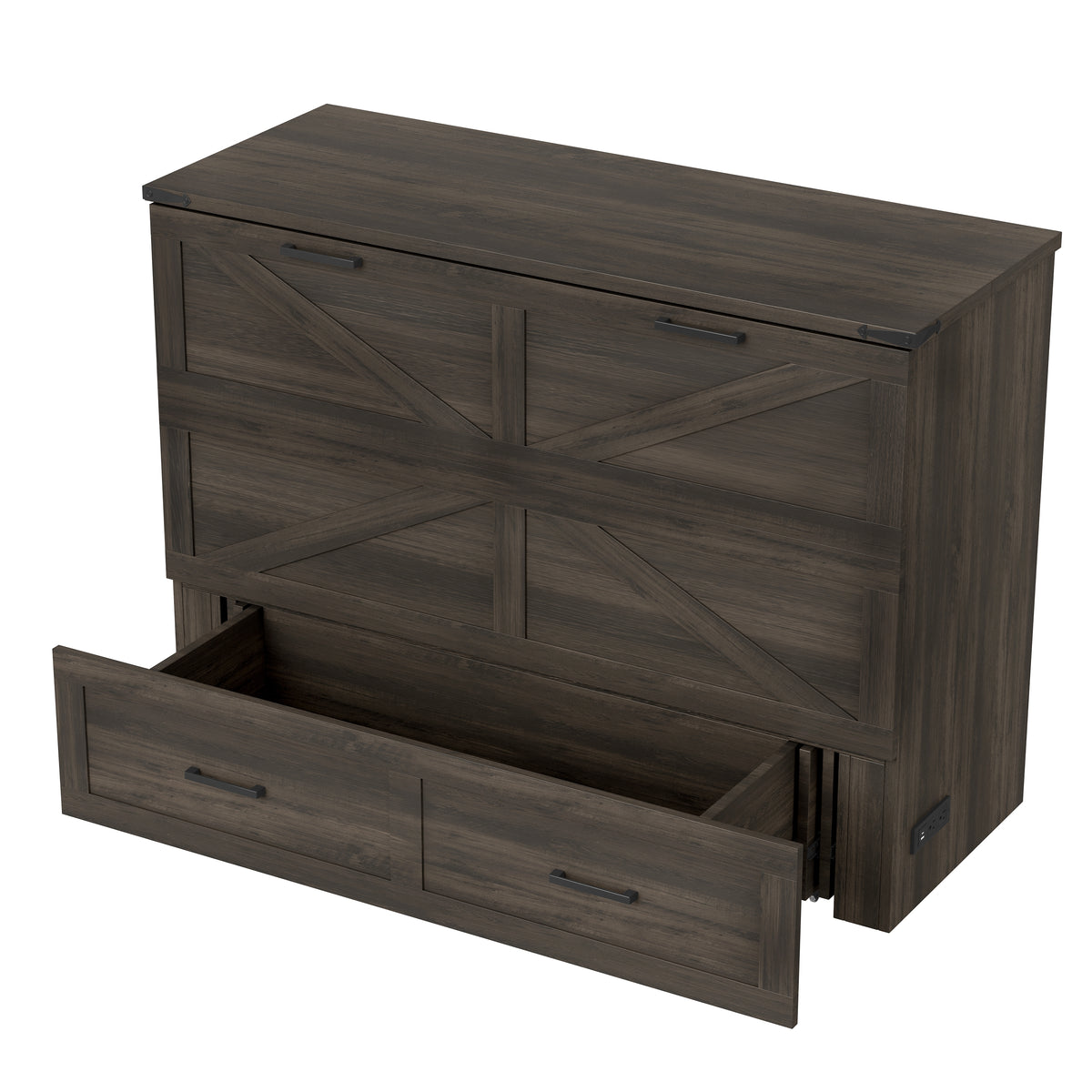 Full Size Farmhouse Murphy Cabinet Bed with Charging Station, Foldable Platform Bed with Large Storage Drawer for Guest-Room, Small Bedroom, Rustic Gray