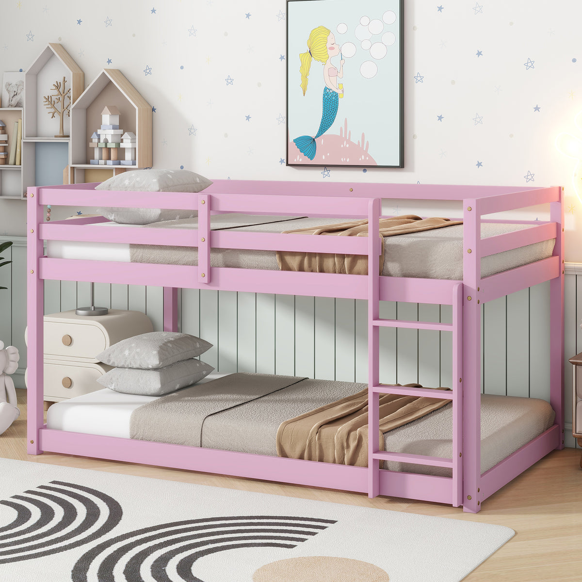 Twin Size Bunk Bed Frame, Wooden Bed Frame with Ladder, Bunk Bed with Guardrail for Bedroom, Pink