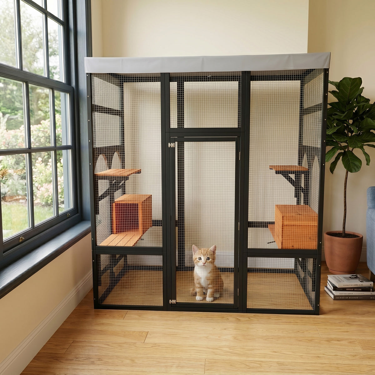 Wooden Catio Outdoor Cat Enclosure Large Cat House for Mulitiple Cats Walk, Indoor 5 Platforms & 2 Napping Houses, Outdoor Cat Catio with Waterproof Cover,Ramp