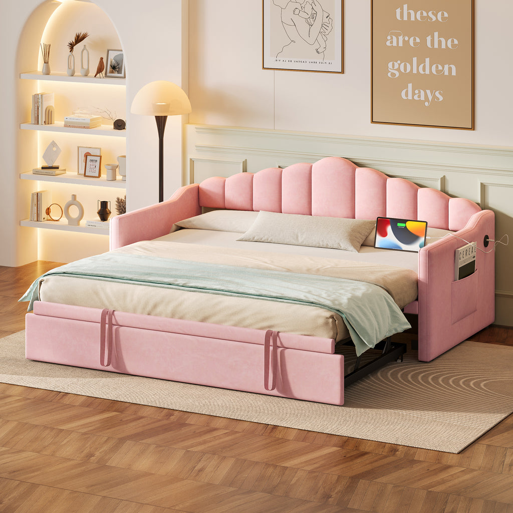Upholstered Twin Size Daybed Bed with Charging Station & 2 Side Pockets,Velvet Daybed Frame with Adjustable Height Pop Up Trundle for Guest Room, Home Office,Pink