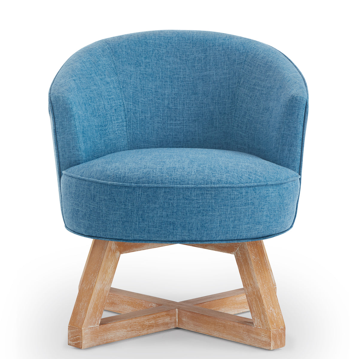 360° Swivel Accent Chair, Barrel Chair with Solid Wood Base, Linen Fabric Armchair, Blue