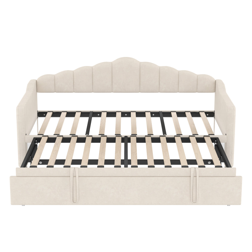 Upholstered Twin Size Daybed Bed with Charging Station & 2 Side Pockets,Velvet Daybed Frame with Adjustable Height Pop Up Trundle for Guest Room, Home Office,Beige