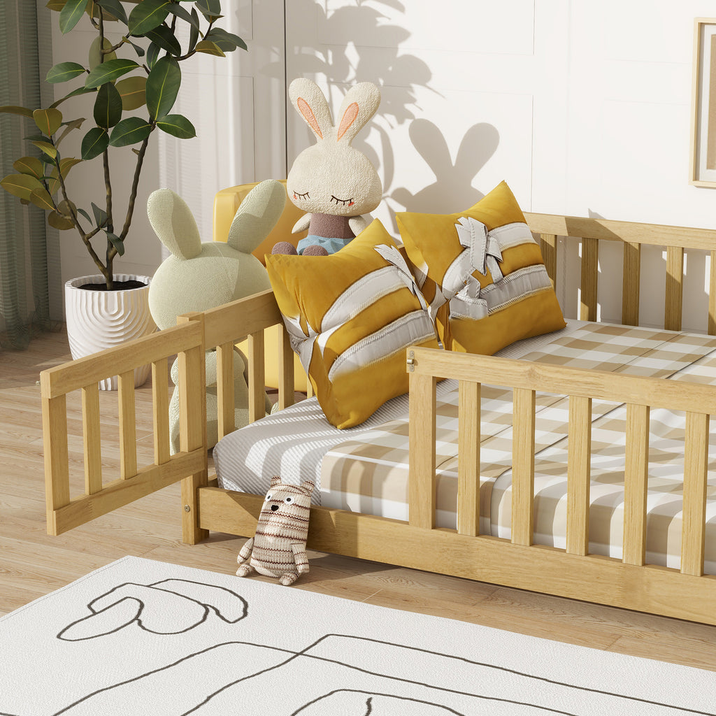 NYBOPAVIS Full Size Floor Bed with Fence&Door,Rubber Wood Floor Bed with Safety Guardrails, Montessori Bed Boys, Girls,Natural
