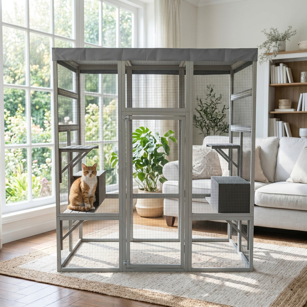 Wooden Catio Outdoor Cat Enclosure Large Cat House for Mulitiple Cats Walk ,2 Napping Boxes & Small Animal Cage, Outdoor Cat Catio with Waterproof Cover,Ramp