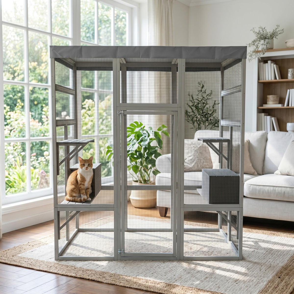 Wooden Catio Outdoor Cat Enclosure Large Cat House for Mulitiple Cats Walk ,2 Napping Boxes & Small Animal Cage, Outdoor Cat Catio with Waterproof Cover,Ramp