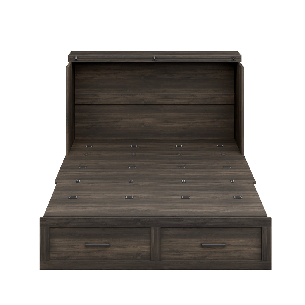 Full Size Farmhouse Murphy Cabinet Bed with Charging Station, Foldable Platform Bed with Large Storage Drawer for Guest-Room, Small Bedroom, Rustic Gray