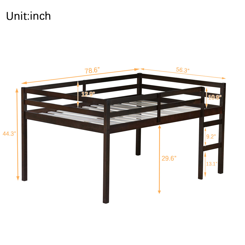 Full Low Loft Bed Frame, Solid Wood Elevated Bed with Guardrail, Space Saving Loft Bed for Bedroom, Espresso