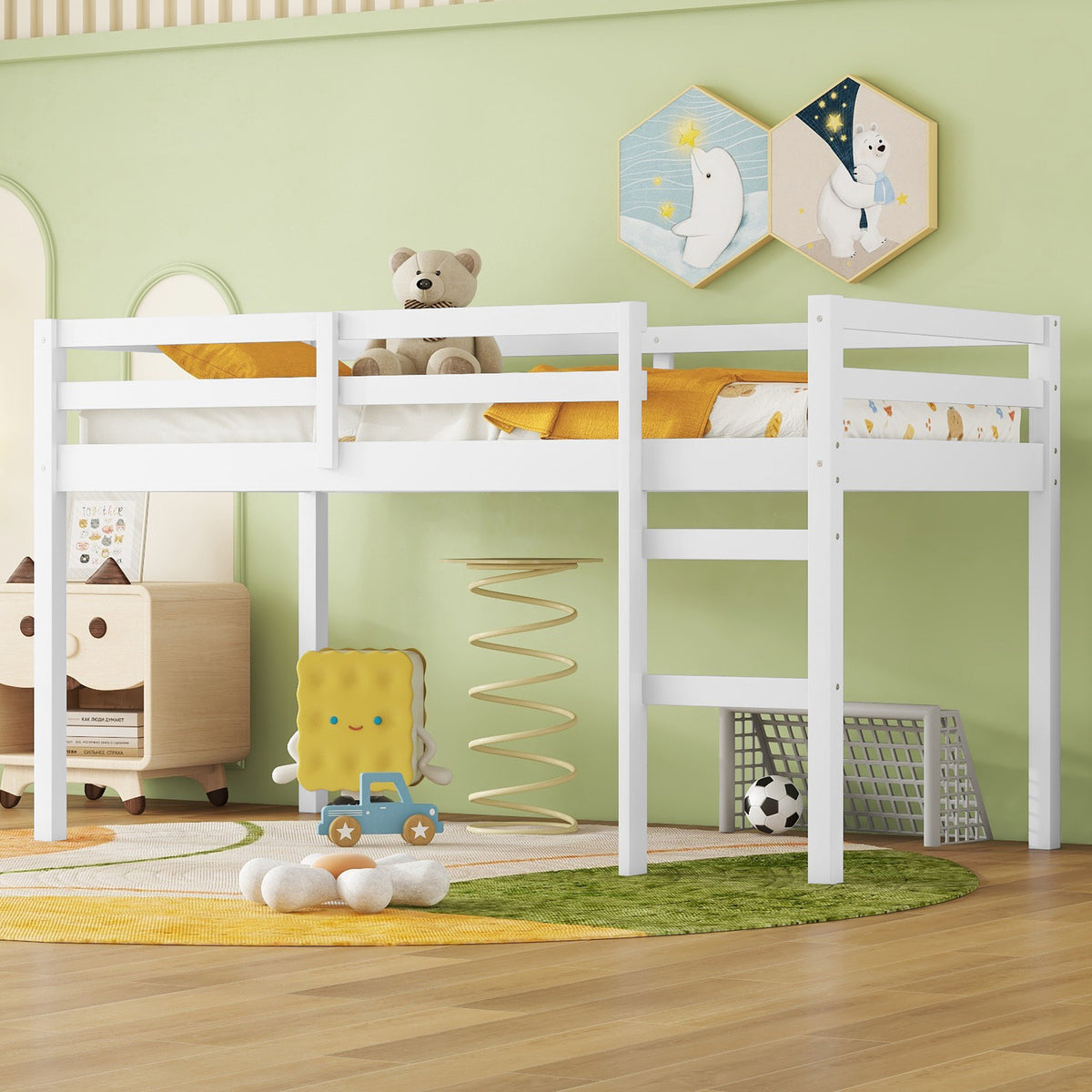Twin Low Loft Bed Frame, Solid Wood Elevated Bed with Guardrail, Space Saving Loft Bed for Bedroom, White