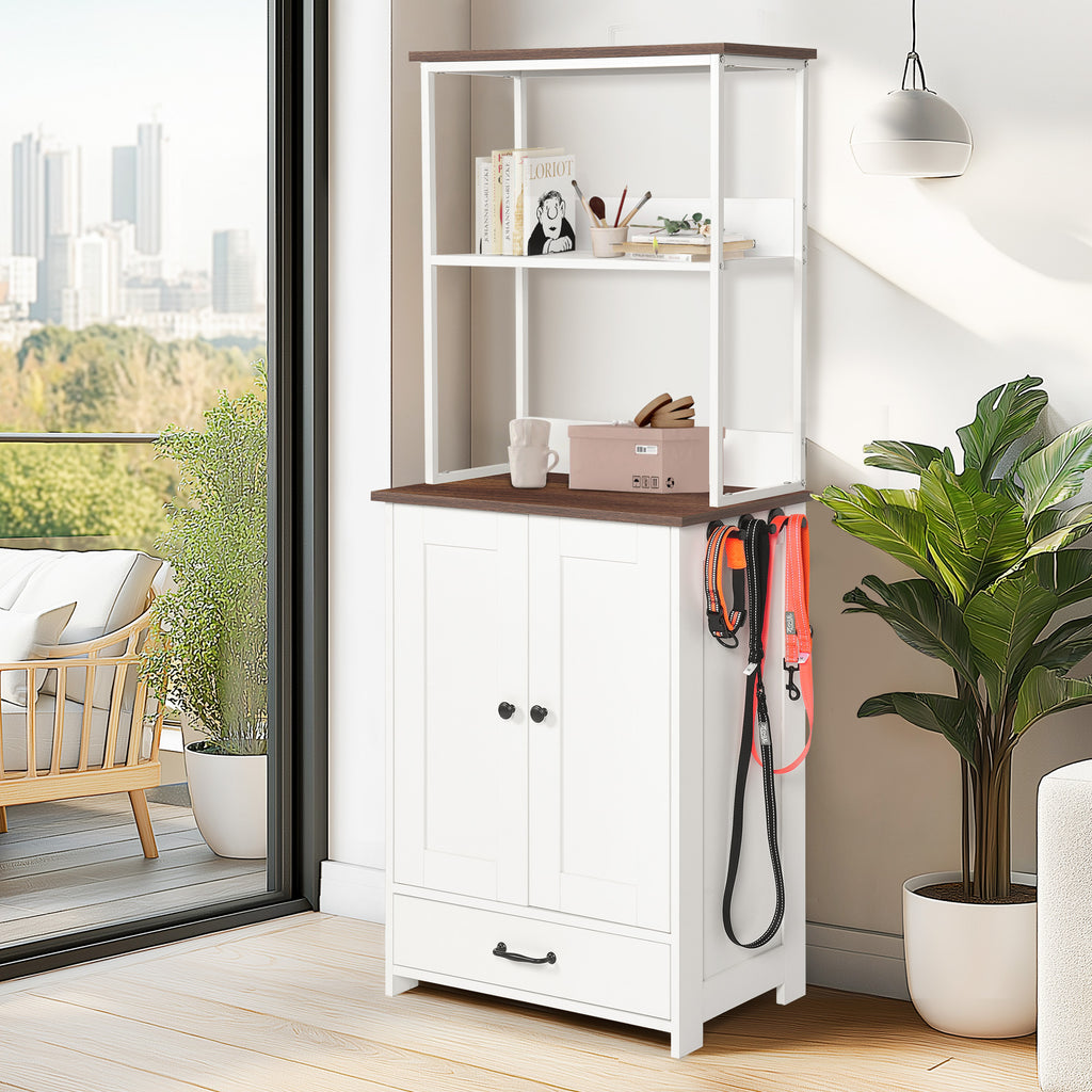 White Pet Feeding Station with Storage Cabinet, 2 Feeding Bowls and Adjustable Baffle Panel for Dog Cat