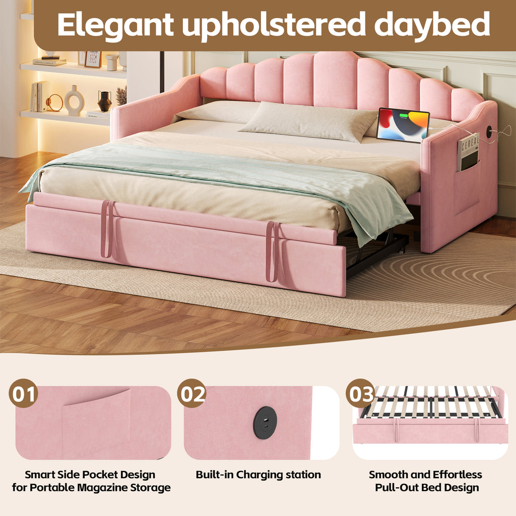 Upholstered Twin Size Daybed Bed with Charging Station & 2 Side Pockets,Velvet Daybed Frame with Adjustable Height Pop Up Trundle for Guest Room, Home Office,Pink