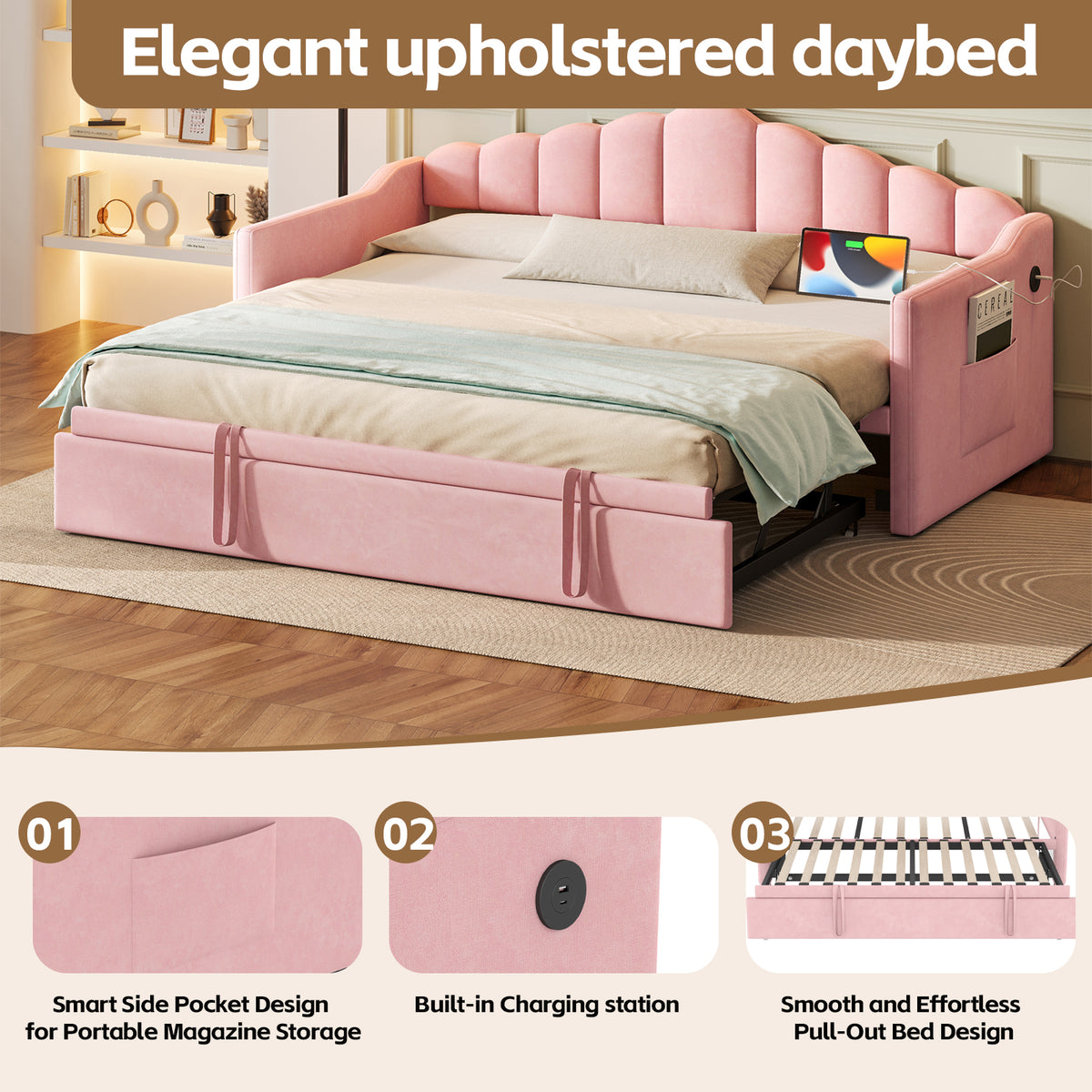 Upholstered Twin Size Daybed Bed with Charging Station & 2 Side Pockets,Velvet Daybed Frame with Adjustable Height Pop Up Trundle for Guest Room, Home Office,Pink