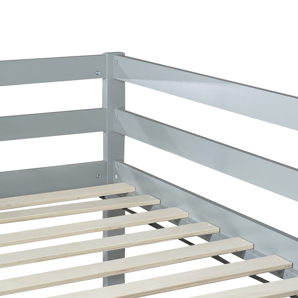 Twin Low Loft Bed Frame, Solid Wood Elevated Bed with Guardrail, Space Saving Loft Bed for Bedroom, Gray