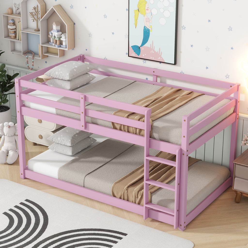 Twin Size Bunk Bed Frame, Wooden Bed Frame with Ladder, Bunk Bed with Guardrail for Bedroom, Pink