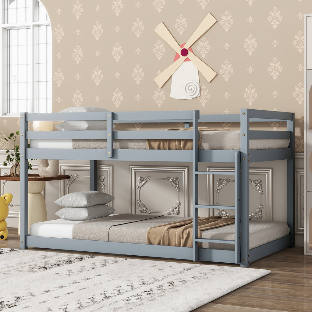 Twin Size Bunk Bed Frame, Wooden Bed Frame with Ladder, Bunk Bed with Guardrail for Bedroom, Gray