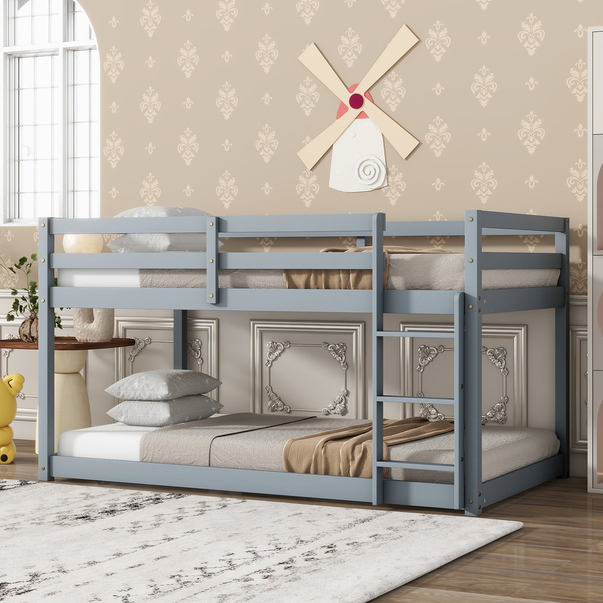 Twin Size Bunk Bed Frame, Wooden Bed Frame with Ladder, Bunk Bed with Guardrail for Bedroom, Gray